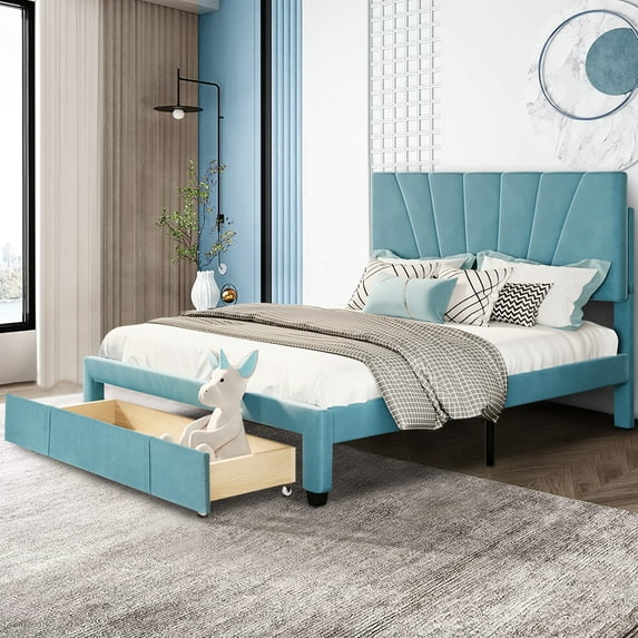Storage Bed with Headboard, BTMWAY Contemporary Queen Size Slatted Bed Platform Bed for Boys Girls, Modern Velvet Upholstered Bed, Contemporary Mattress Foundation, Blue, A6674