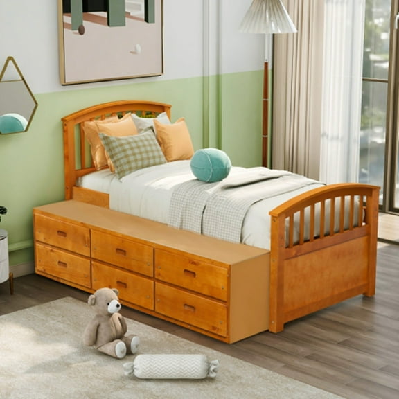 Storage Bed Solid Wood Bed with 6 Drawers Oak