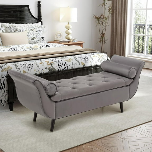 Storage for Bedroom, 65" End of Bed King Size, Velvet Tufted Upholstered Window Indoor Foot of Bed Storage Ottoman Long Seating with Arm for Living Room Entryway, Grey