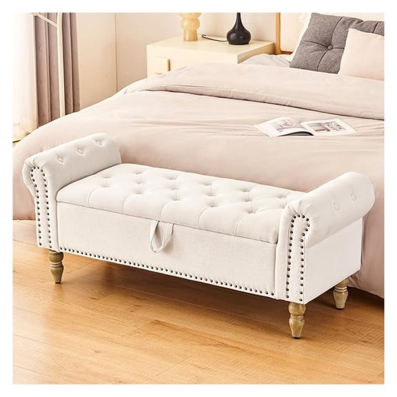 Storage Bedroom for End of Bed, Faux Linen Upholstered Storage Ottoman with Rolled Arms for Bedroom,Living Room, Entryway, 2.5Cubic Feet