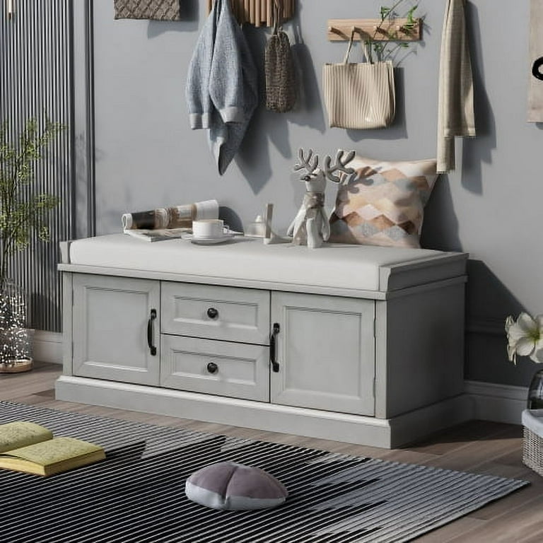 Gray entryway bench with storage discount