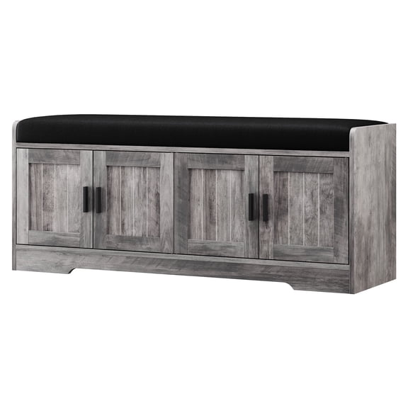 Storage Bench with 2 inch Thick Padded Cushion, 4 Doors, Adjustable Shelf, Shoe Storage, Gray