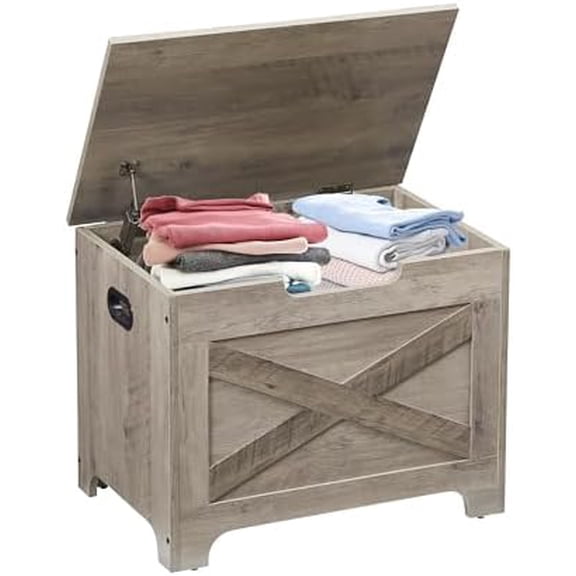 Storage Bench, 23.6" Retro Wooden Storage Chest with 2 Safety Hinges, Loads 300 lb, Easy Assembly, Storage Ottoman Bench for Bedroom Entryway Living Room, Grey