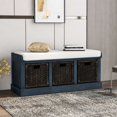 thumbnail image 1 of Storage Bench with 3 Removable Classic Rattan Baskets 41.3” Shoe Bench with Removable Padded Seat Rustic Cushion Ottoman Bench for Living Room Entryway Hallway Bedroom (Antique Navy), 1 of 7