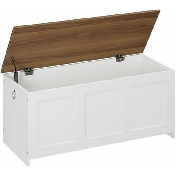 Storage Bench, 39.3" Retro Wooden Storage Chest, Wooden Storage Trunk, Toy Chest with Lift Top, Multifunctional Entryway Organizer, for Entryway, Living Room, White and Walnut
