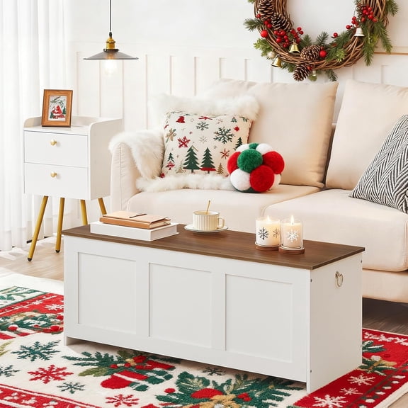 Storage Bench, 39.3" Retro Wooden Storage Chest, Wooden Storage Trunk, Toy Chest with Lift Top, Multifunctional Entryway Organizer, for Entryway, Living Room, White and Walnut WH141CW01
