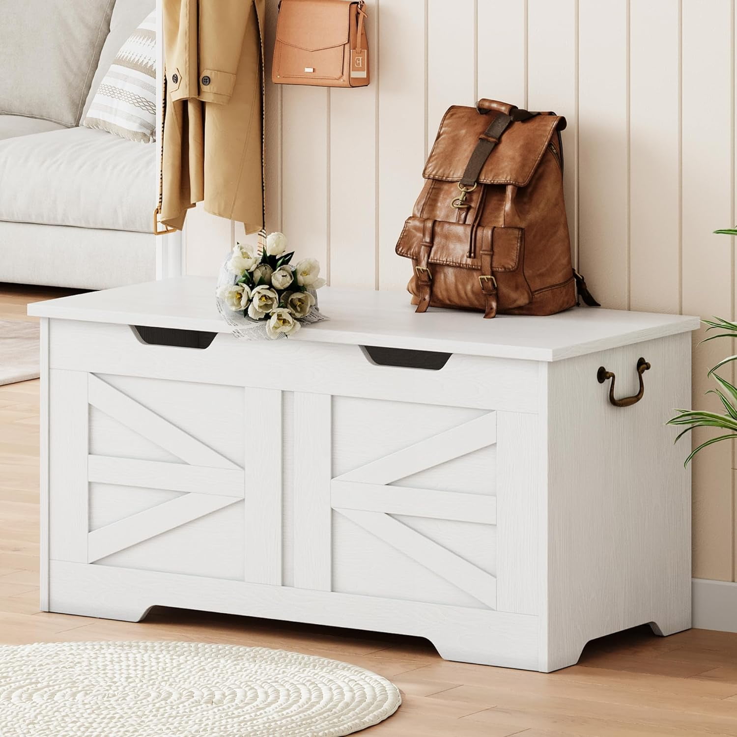 Storage Bench,39.37" Large Storage Chest, White Entryway Bench with