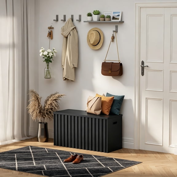 Storage Bench, 39.4" Wood Box, Storage Trunk with 2 Safety Hinges, Ottoman Storage Chest, Fluted Storage Bench for Bedroom, Entryway, Living Room, Black