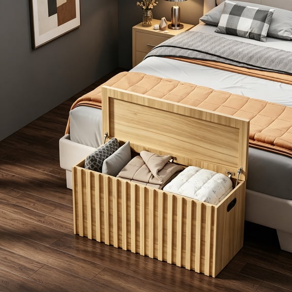 Storage Bench, 39.4" Wood Box, Storage Trunk with 2 Safety Hinges, Ottoman Storage Chest, Fluted Storage Bench for Bedroom, Entryway, Living Room, Natural Wood