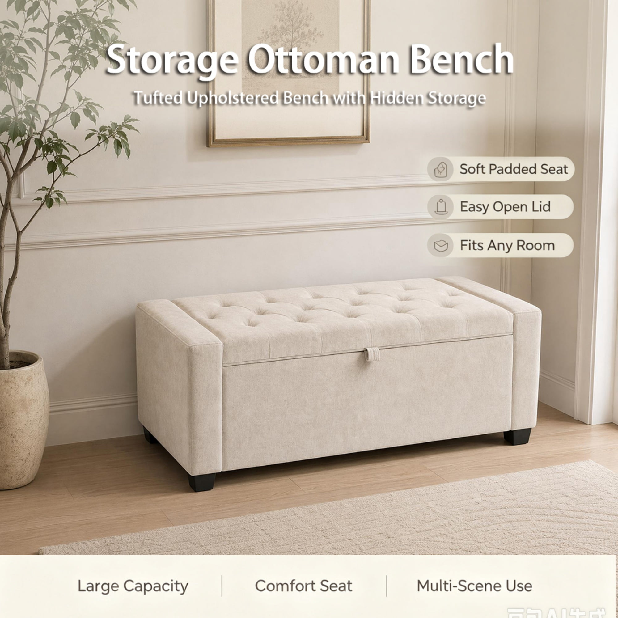 Storage Bench 43.3 Inch, Chenille Upholstered Ottoman Bench with Safety Hinge, End of Bed Storage Bench for Bedroom and Entryway, Beige
