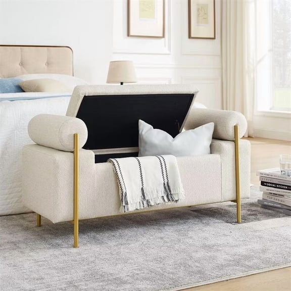 Storage Bench, 44" Linen Fabric Upholstered Entryway Bench with Cylindrical Arms and Iron Legs, Ottoman Safety Hinge Flip Top Foot Rest Long Stool for End of Bed Sofa Couch Bedroom, Beige