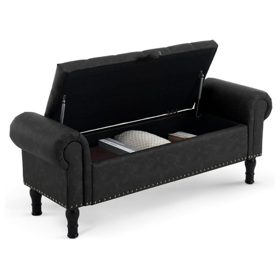 Storage Bench, 51" Bedroom Bench with Button-Tufted and Rolled Arm, Queen Faux Leather Ottoman, Upholstered End of Bed Bench for Living Room, Enterway, Black