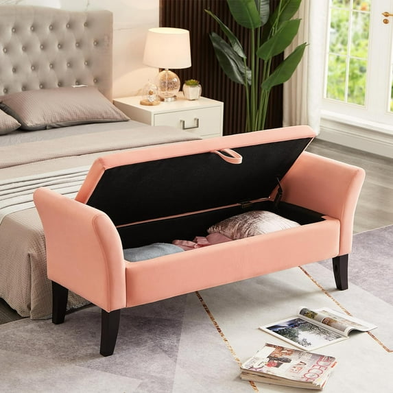 Storage Bench, 51" Velvet Tufted Ottoman Bench Wood Legs for End of Bed, Upholstered Bed Bench with Storage Box, Modern Entryway Bench with Safety Hinge for Living Room Bedroom, Pink