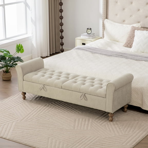 Storage Bench, 65.75" Wide Upholstered Bench with Double Lids, Griege Polyester Fabric, Rubberwood Legs, Living Room & Bedroom