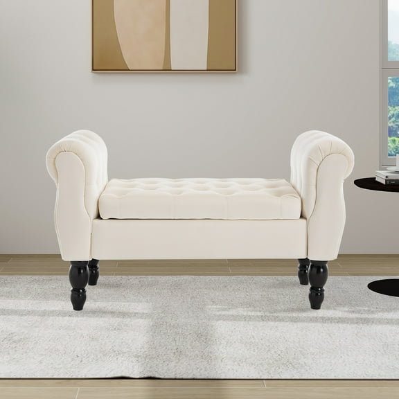 Storage Bench with Arms End of Bed Bench,Velvet Entryway Bench with Storage, Button Tufted Upholstered Ottoman Bench Wood Legs, Window Sitting Bench for Bedroom/Living Room/Hallway, Cream