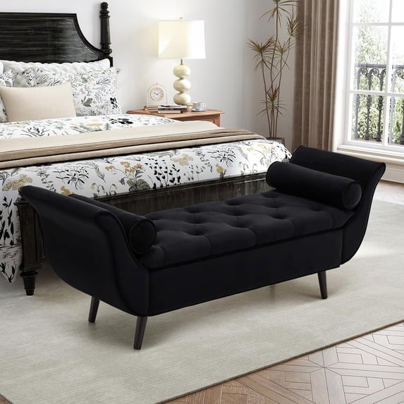 Storage Bench for Bedroom, 65" End of Bed Bench King Size, Comfy Velvet Tufted Upholstered Window Bench Indoor, Foot of Bed Storage Ottoman Long Seating with Arm for Living Room Entryway, Black