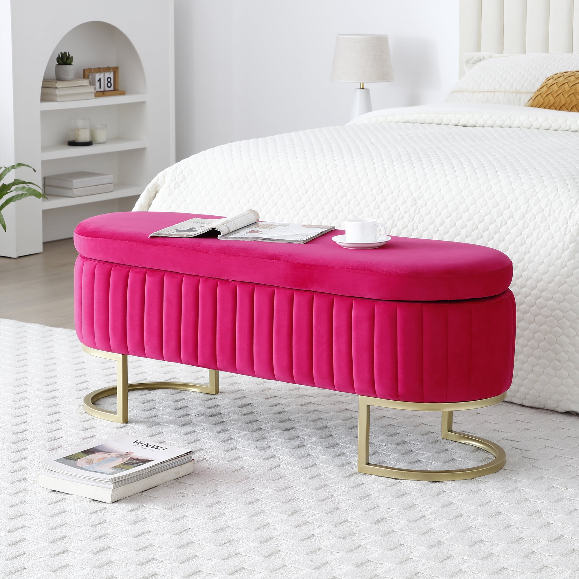 Storage Bench Bedroom Bench, Velvet Oval Upholstered End of Bed Bench ...