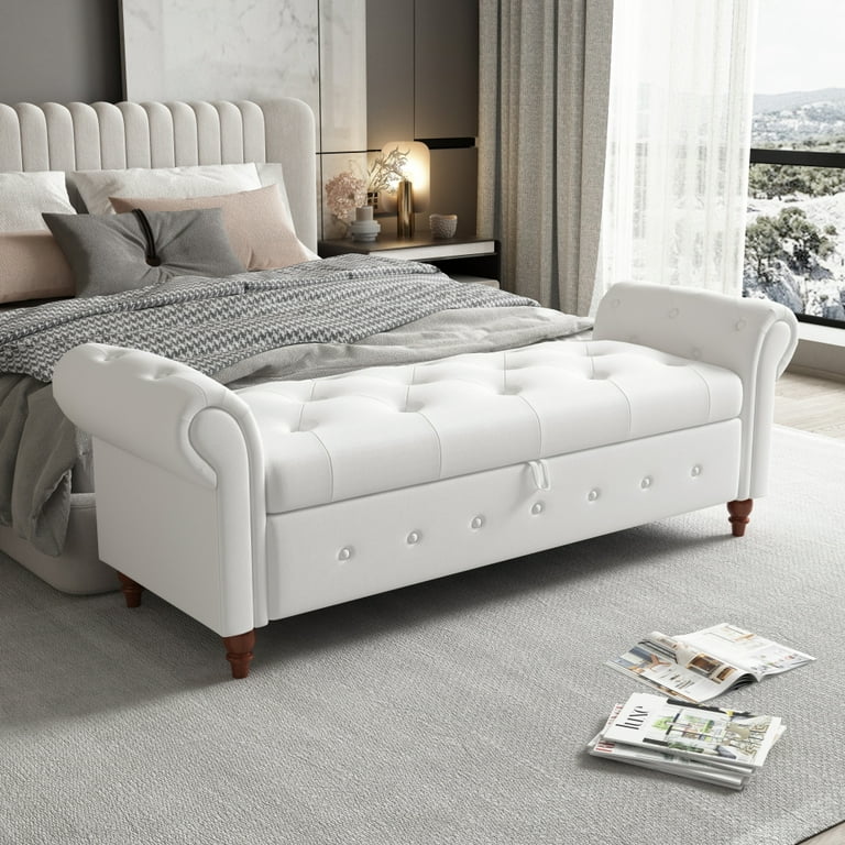 Storage Bench for Bedroom End of Bed Modern Fabric Upholstered Bed Bench with Button Tufted and Rolled Armrests Couch Long Bench Footrest for