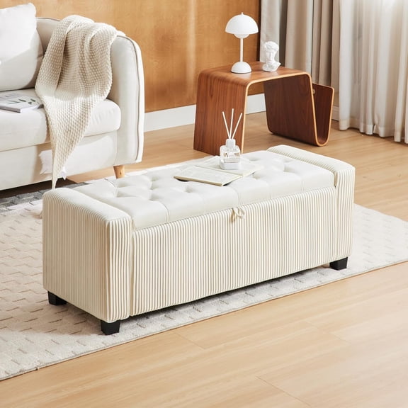Storage Bench for Bedroom End of Bed, Rectangular Entryway and Window Bench with Storage, Upholstered Fabric Ottoman Bench for Living Room, Hallway, White
