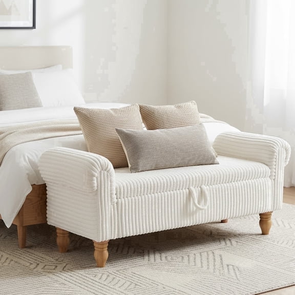 ATOMSPACE 51.5''W Storage Bench for Bedroom End of Bed, Mid-Century Corduroy Upholstered Storage Bench with Rolled Armed, White