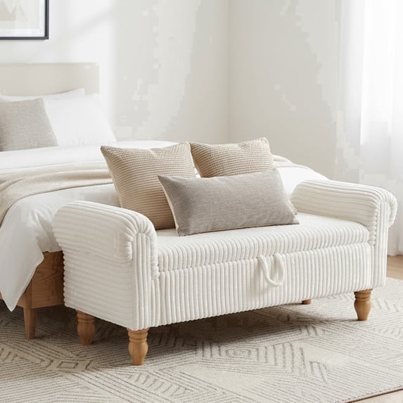 ATOMSPACE 51.5''W Storage Bench for Bedroom End of Bed, Mid-Century Corduroy Upholstered Storage Bench with Rolled Armed, White