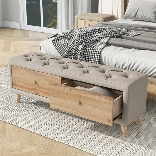 Storage Bench for Bedroom End of Bed Upholstered Wooden Storage Ottoman Bench with 2 Drawers Window Bench Seatwith Fully Assembled Except Legs and Handles Padded Seat with Rubber Wood Leg Beige Walmar...