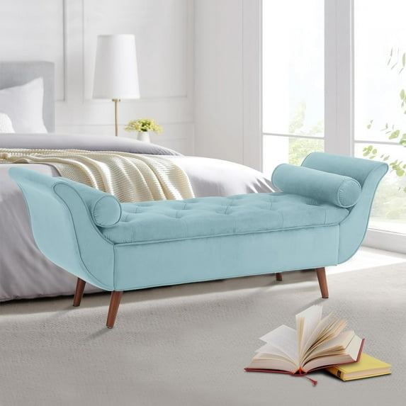 Storage Bench for Bedroom End of Bed, Velvet Upholstered Rolled Armed Button Tufted Sofa Stool Bench, Storage Ottoman Couch Long Bench with Solid Wood Legs (Blue)