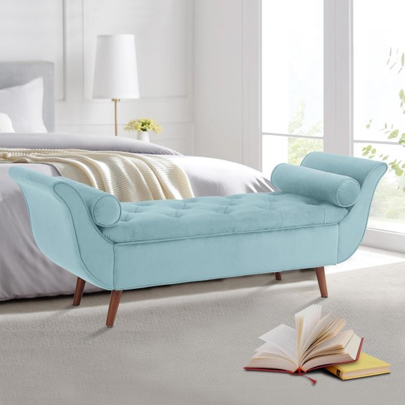 Storage Bench for Bedroom End of Bed, Velvet Upholstered Rolled Armed Button Tufted Sofa Stool Bench, Storage Ottoman Couch Long Bench with Solid Wood Legs (Blue)