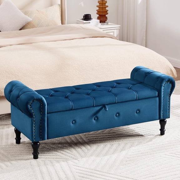 Storage Bench for Bedroom, Velvet 51" End of Bed Bench, Queen Size Bench with Rolled Arms, Tufted Storage Ottoman Benches, Upholstered Bench for Bedroom, Living Room, Entryway, Navy Blue