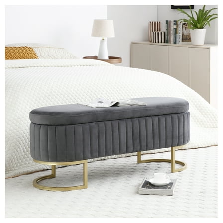 Storage Bench Bedroom, Velvet Oval Ottoman with Golden Legs - 50" Modern Sherpa Bench for Living Room, Entryway, Grey