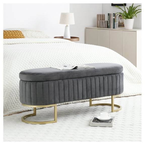 Storage Bench Bedroom, Velvet Oval Ottoman with Golden Legs - 50" Modern Sherpa Bench for Living Room, Entryway, Grey