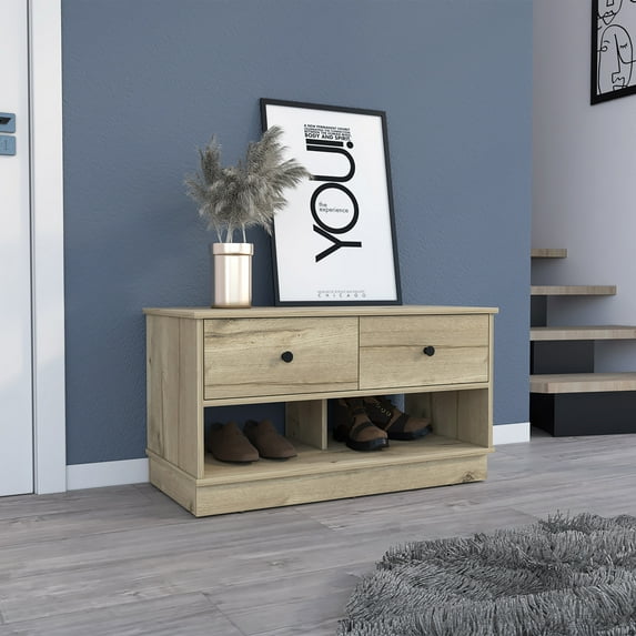 Storage Bench Beji,Lower Shelf,Two Drawers,Light Oak Finish,Light Oak Particle Board Furniture Primary Living Space Storage Benches