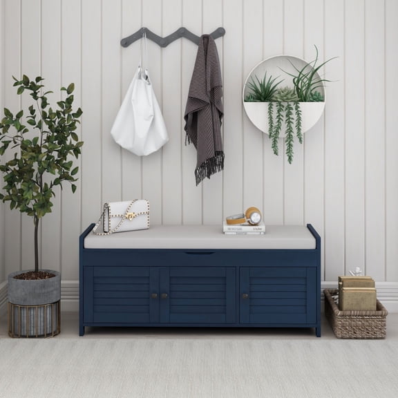 Storage Bench Cabinet with 3 Shutter-shaped Doors, Shoe Bench with Removable Cushion and Hidden Storage Space for Bedroom, Living Room, Entryway and Hallway, Antique Navy
