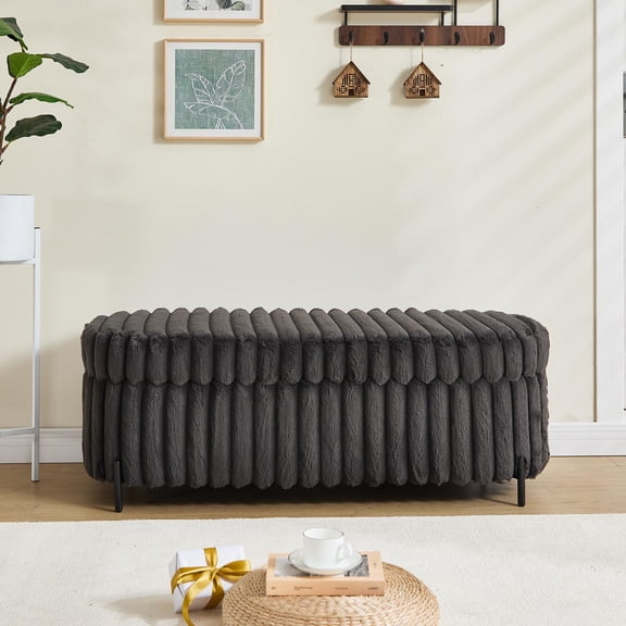 Storage Bench, Charcoal Faux Fur Upholstery with Flip-Top Lid and Curved Design, 49.21 Inch Wide Bench with Ample Hidden Storage, Black Metal Legs, 5-Minute Assembly