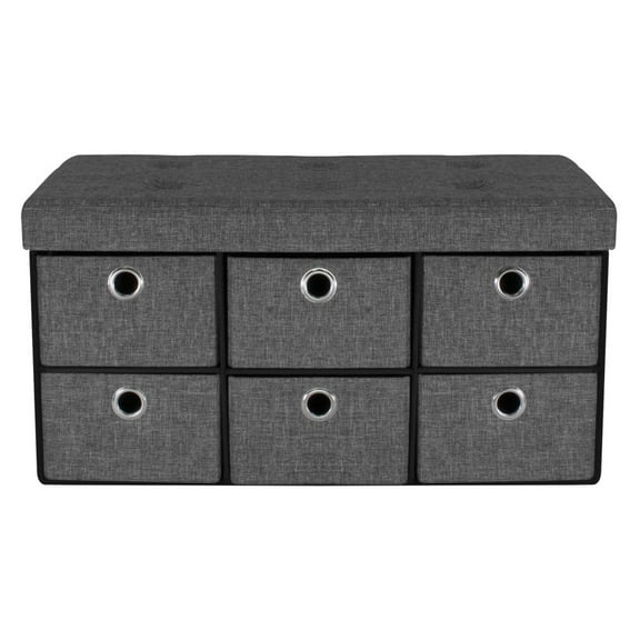 Storage Bench Chest with Drawers Collapsible Folding Bench Ottoman Includes Cover Perfect for Entryway, Bedroom Bench, Cubby Drawer Footstool, Hope Chest, Faux Linen (Gray) Grey