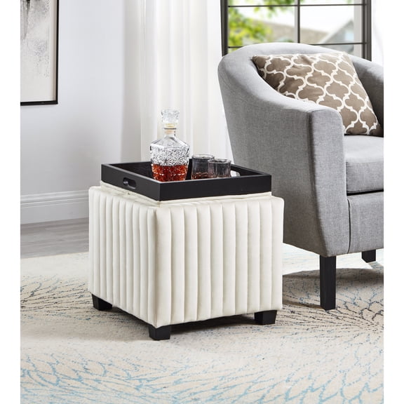 Storage Bench With Coffee Tray - Beige Velvet Fabric, 18 Inch Wide For Living Room, Bedroom Stable Construction Modern Square Cube Velvet, Bedroom, Room And Robust Furniture Piece