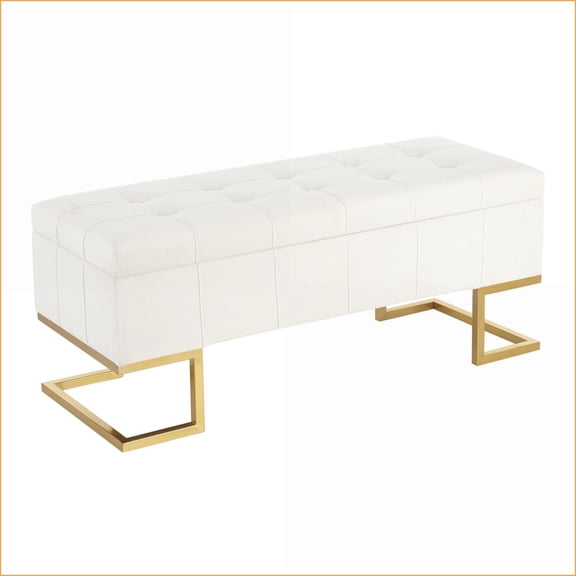 Storage Bench Contemporary Glam Flip-Top Gold Steel White Velvet by LumiSource | White | Velvet
