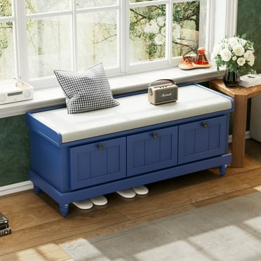 Storage Bench with Cushioned Seat and Three Drawers, Classic Entryway Bench with Fluted Door and Round Handles, Shoe Bench with Storage for Hallway/Living Room, Navy Blue