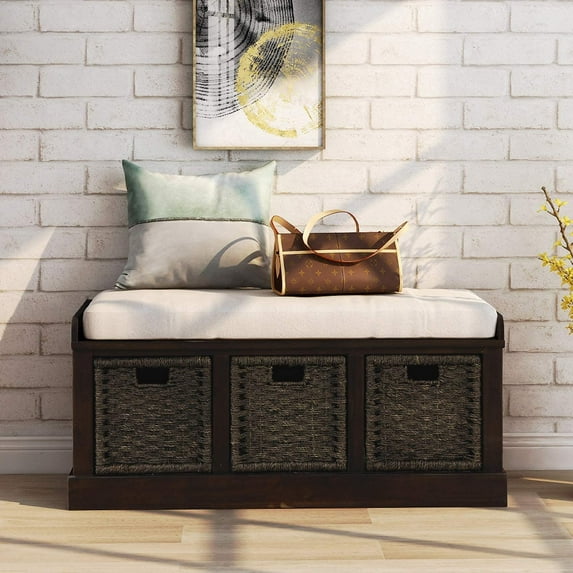 Storage Bench Entryway Storage Bench with 3 Classic Rattan Removable Basket, Shoe Bench Fully Assemble Storage Bench with Cushion for Entryway, Hallway,Living Room