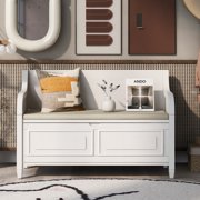 Storage Bench, Entryway Bench, Clamshell Shoe Bench with Hidden Storage, Wooden Storage Cabinet with Removable Cushions and Backrest, KAMIDA Storage Bench Furniture for Entryway Hallway, White