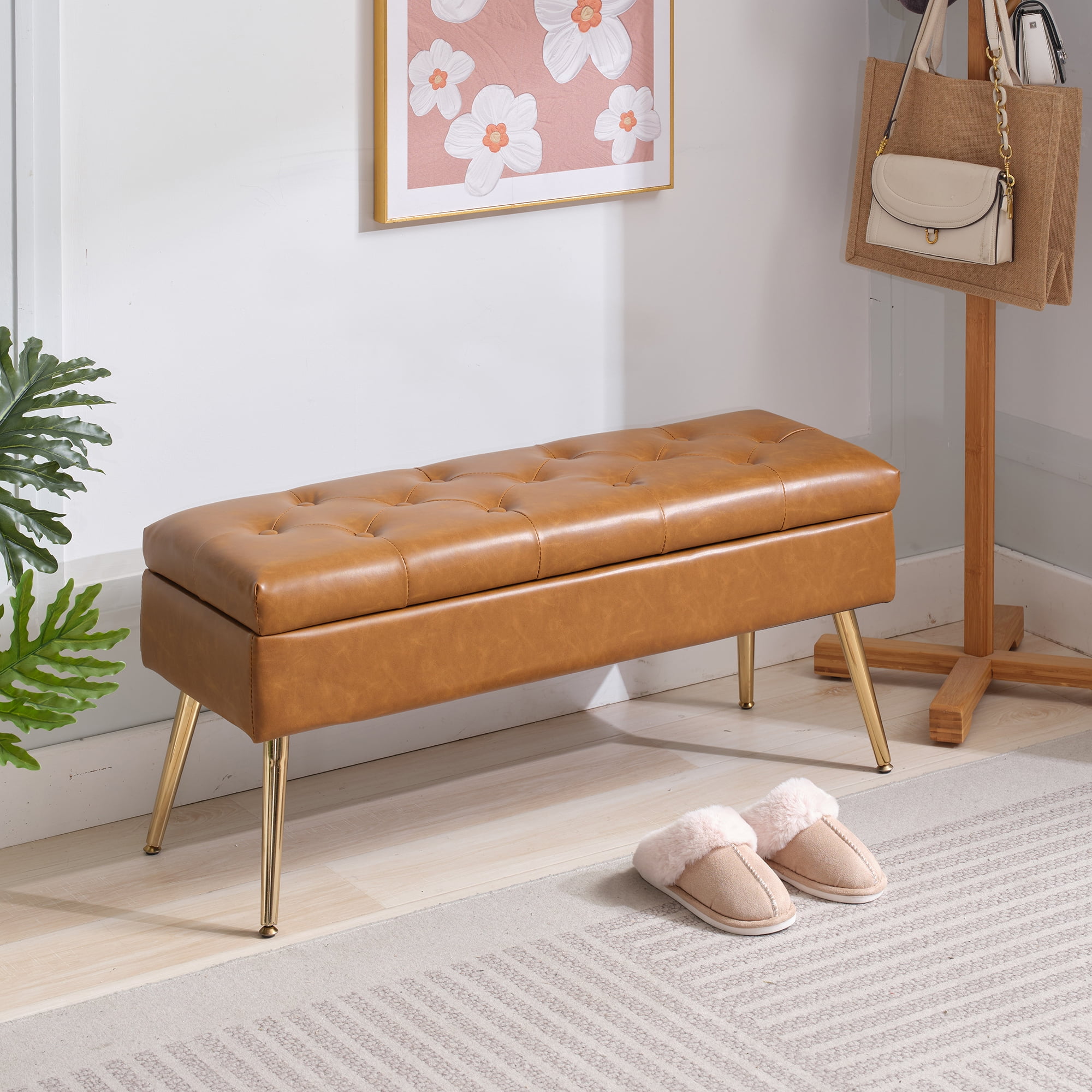 Modern Leather Storage Bench with Upholstery Seat Entryway or Bedroom Ottoman 40 Brown with Golden Legs Walmart