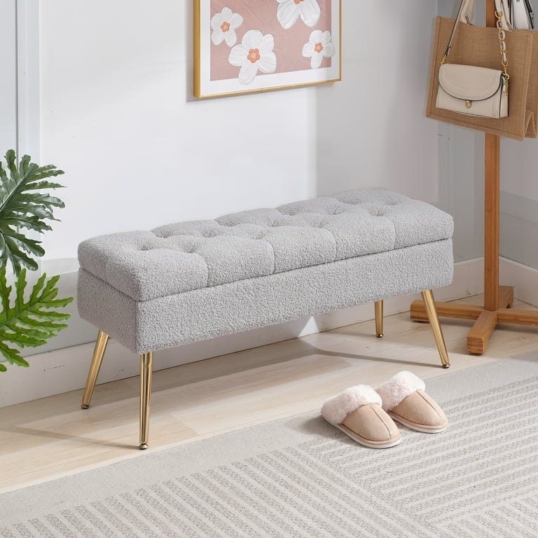 Storage Bench Entryway Bench Ottoman for Bedroom End of Bed Modern Teddy Plush Fabric Benche Bedroom Benches for Foot of Bed Upholstered Bench with Golden Legs 40 Gray Walmart