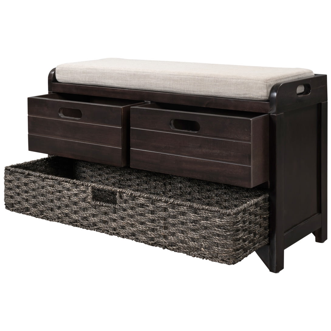 Storage Bench Entryway Bench with Removable Basket and Drawers Fully Assembled Shoe Bench with Removable Cushion for Hallway Living Room White Washed Walmart