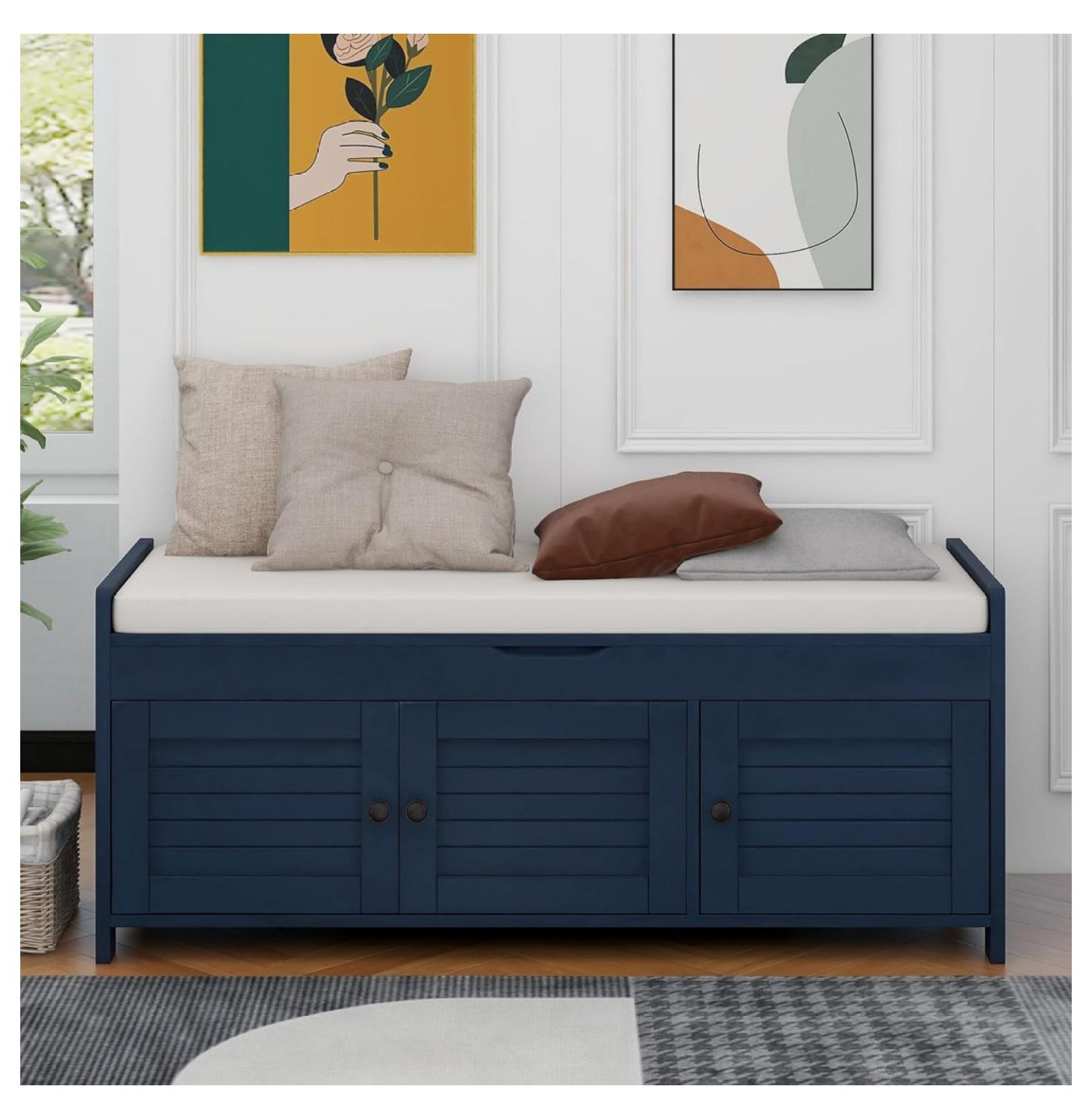 Remaval Bench Storage Bench Entryway Bench with Removale Cushion, 3 Shutter-shaped ...