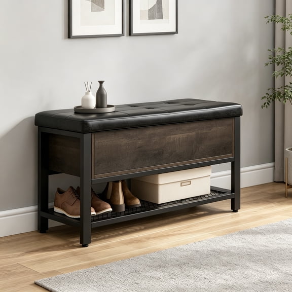 Storage Bench, Entryway Shoe Bench with Flip-Open Storage Box, End of Bed Ottoman Bench with Storage Shelf and Padded Seat for Bedroom, Hallway, Dark Brown