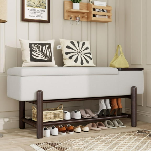 Storage Bench, Espresso Upholstered Farmhouse Design with Lift-Top Lid and Lower Shoe Rack, 47.24 Inch with Solid Wood Legs and Memory Foam Cushion, Shock-Absorbing Struts