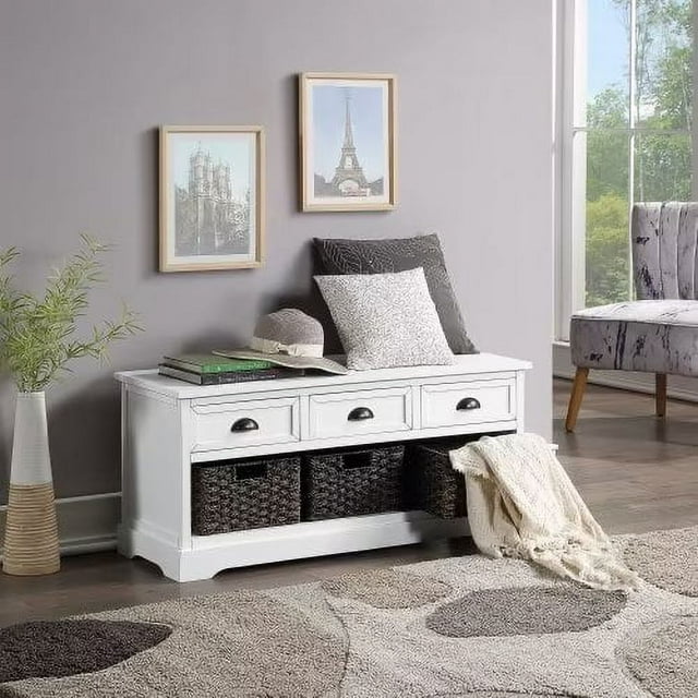 Storage Bench,Farmhouse Storage Bench with 3 Drawers and 3 Baskets,Solid Wood Stoage Bench Shoe Storage Bench for Entryway Hallway, Living Room, White