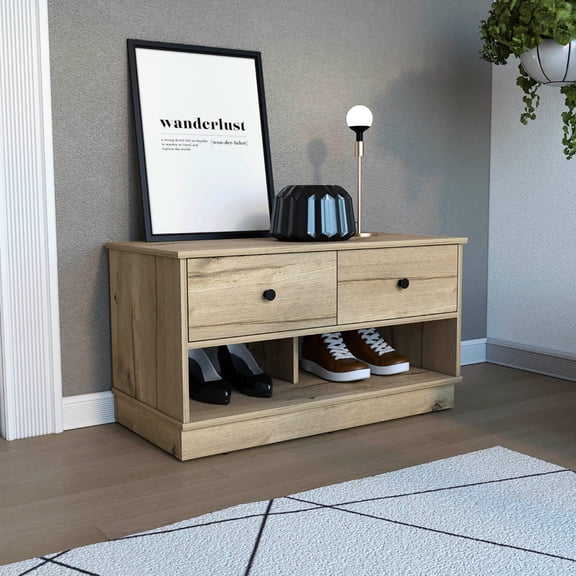Storage Bench Featuring Two Drawers & Open Shelves / Light Oak for Kitchen