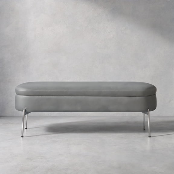 Storage Bench Flip Top Multi-Use Seating for Entryway and Bedroom Gray-Toned Faux Leather With Chrome Metal Base 48 Inch