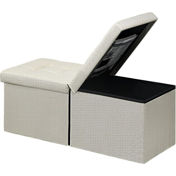 34 inch Beige Linen Storage Bench Folding Ottoman, Multi-Functional Foot Rest Stool for Blanket Book Storage